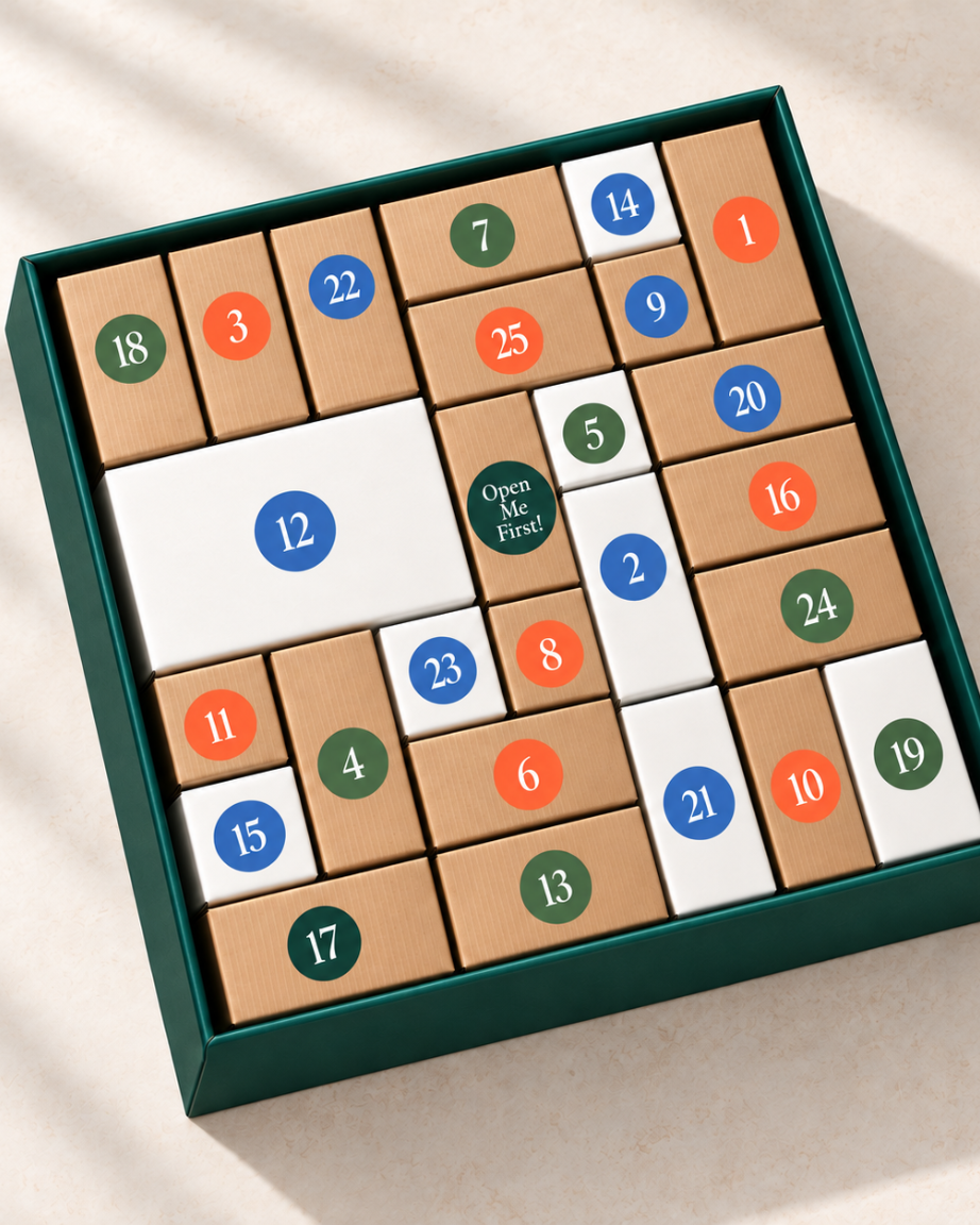 A box made of natural wood blocks containing numbered boxes in blue, green, orange, and white, on a light beige surface.